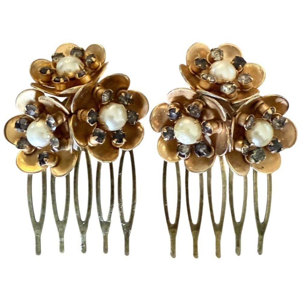 Bridal Floral Hair Combs Gold Flower Pearl Wedding Accessories Vintage Jewelry - Picture 2 of 6